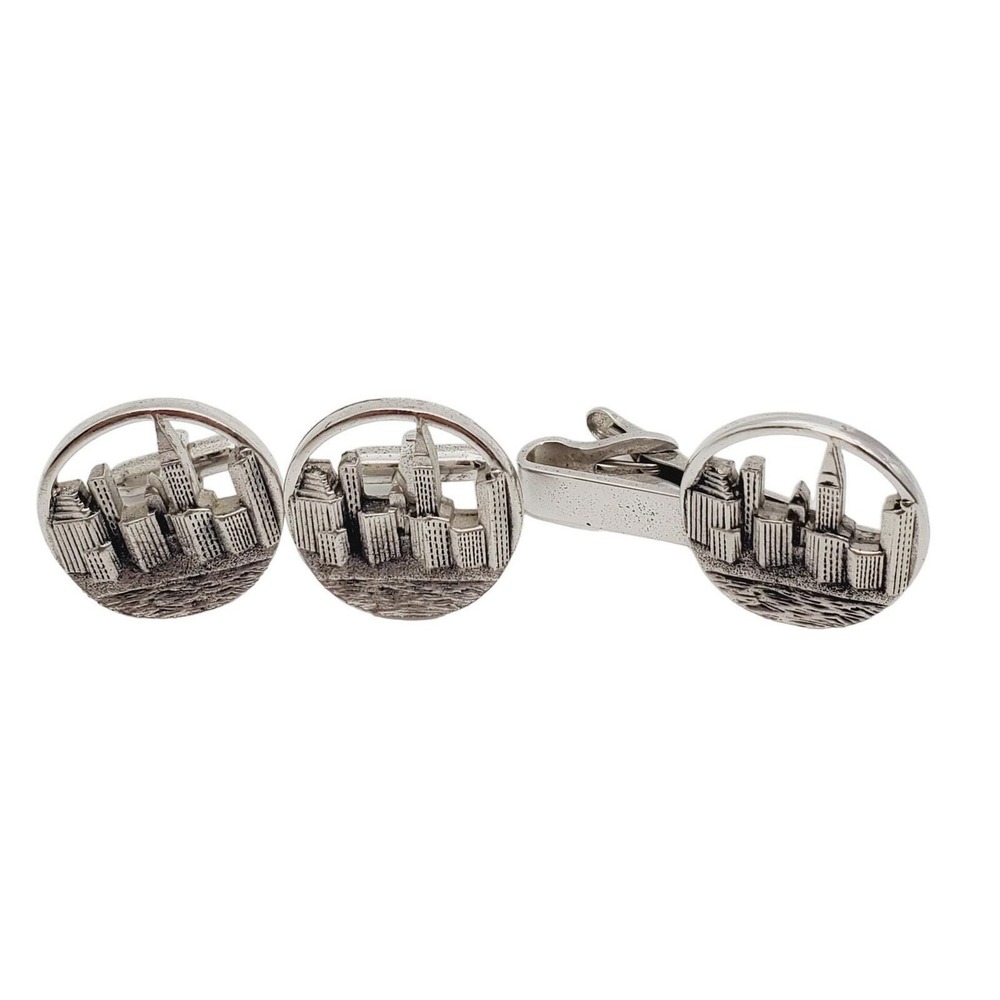 Swank NYC Cufflinks Tie Clip Bar New York Skyline Silver Tone Clasp Bar Mens Vtg